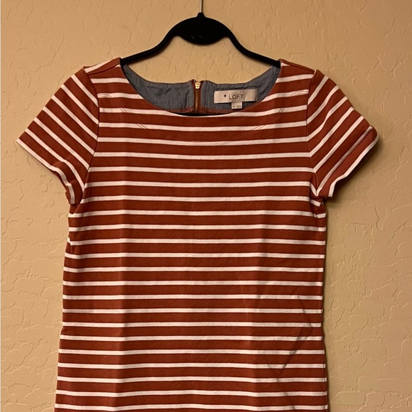 Ann Taylor LOFT Sienna Brown & Cream Striped Knit Mini Shift Dress - Picture 7 of 16